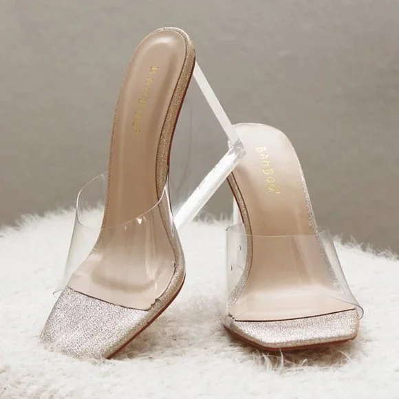NEW Clear Transparent Wedge Slip On Square Toe Mule Sandal Heels Champagne Gold - Picture 3 of 8